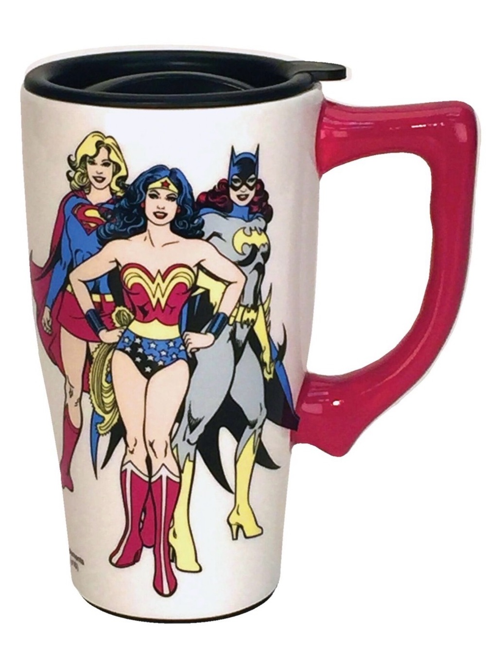 DC Superhero Girls Pink Handle Travel Mug - Wonder Woman, Supergirl & Batgirl